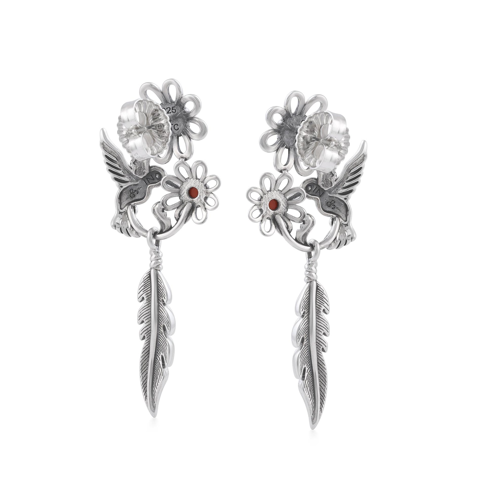 Sterling Silver Kingman Turquoise and Orange Spiny Oyster Fritz Casuse Hummingbird Flower Earrings 