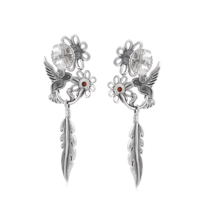 Sterling Silver Kingman Turquoise and Orange Spiny Oyster Fritz Casuse Hummingbird Flower Earrings 