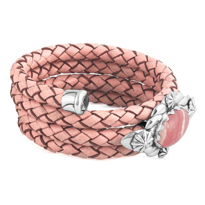 Sterling Silver Rhodochrosite Pink Braided Leather Coil Wrap Bracelet, 24 Inches