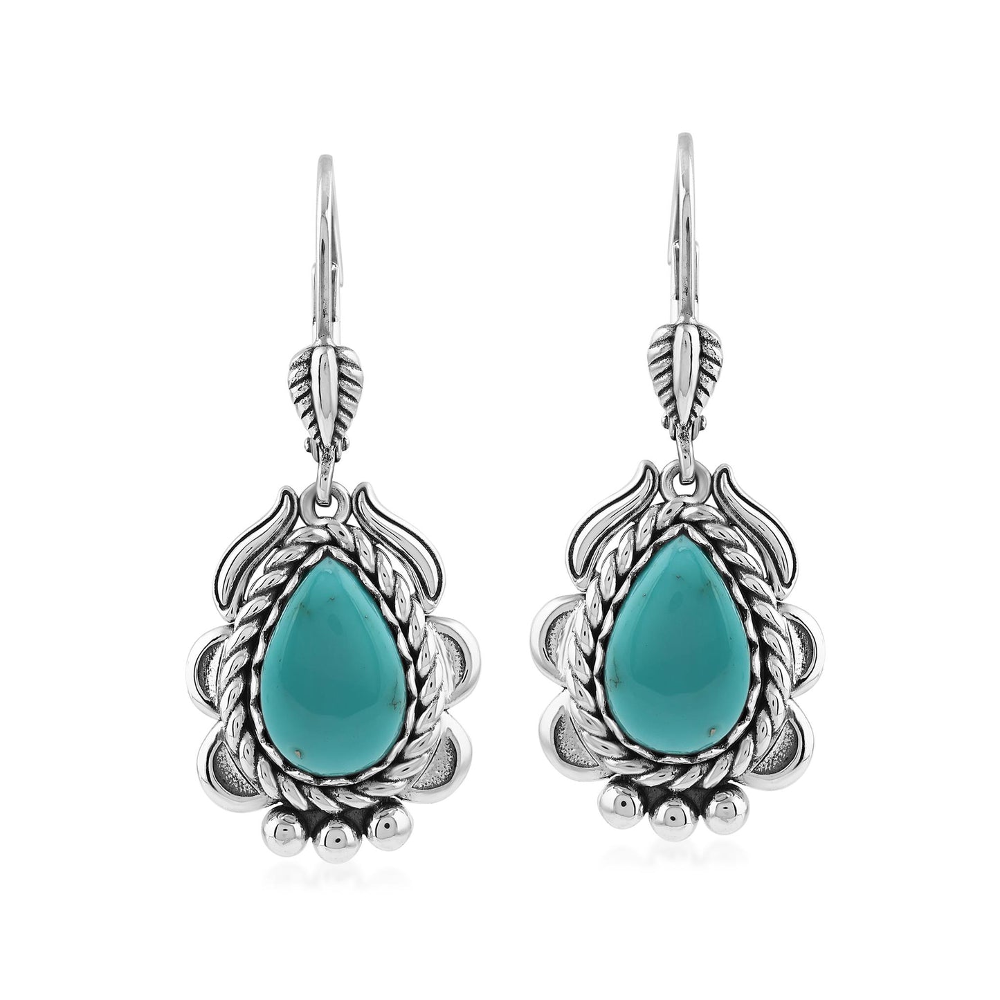 Sterling Silver Kingman Turquoise Pear-Cut Rope Design Lever Back Earrings