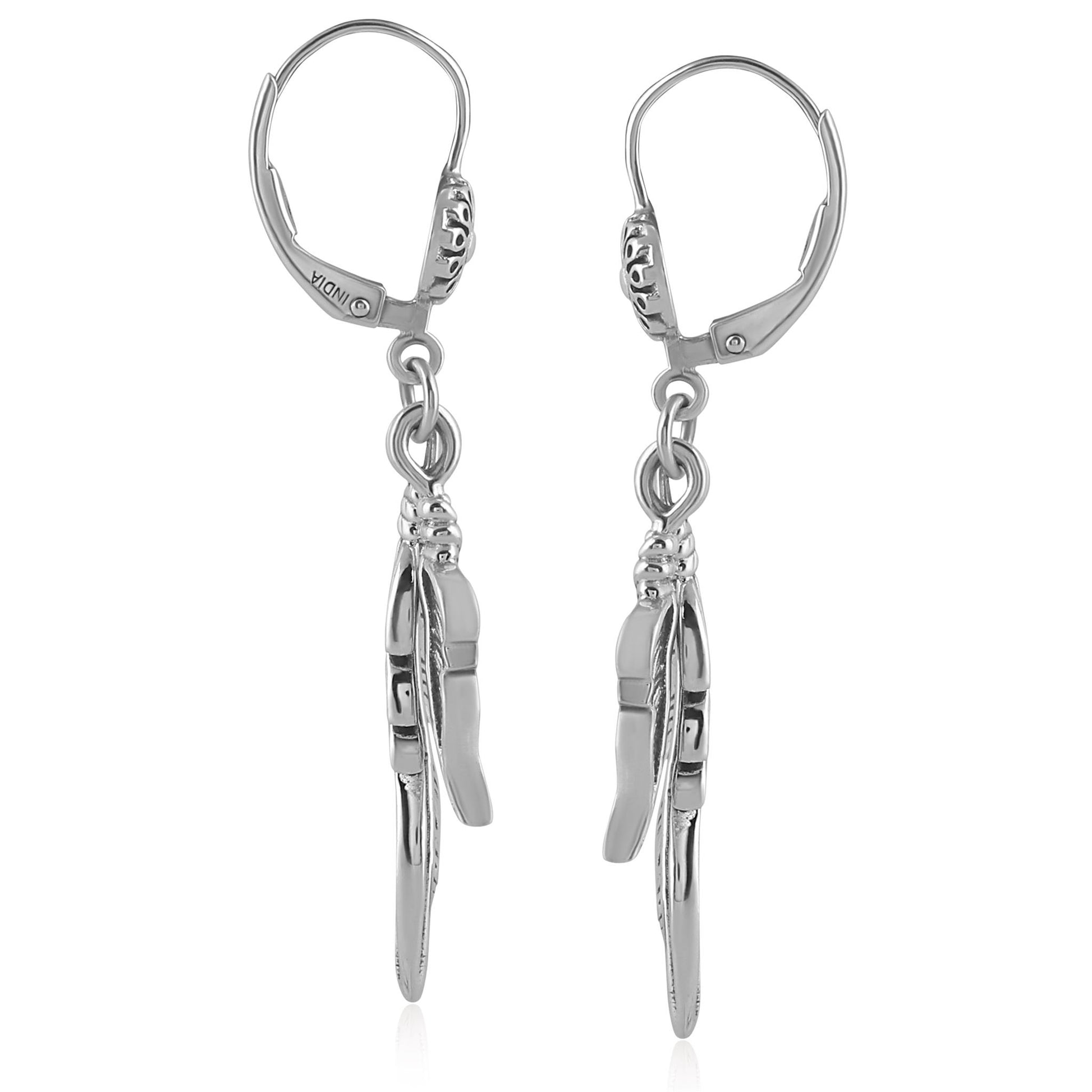 Sterling Silver Double Feather Lever Back Earrings