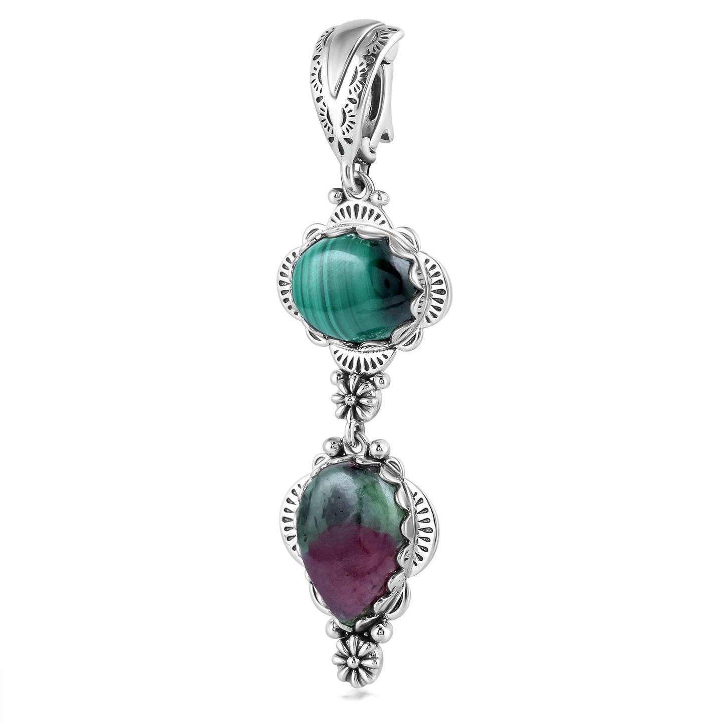 Sterling Silver Pear and Oval Ruby Zoisite and Malachite Linear Pendant Enhancer 