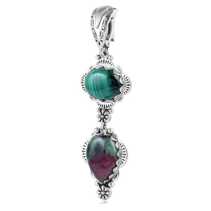 Sterling Silver Pear and Oval Ruby Zoisite and Malachite Linear Pendant Enhancer 