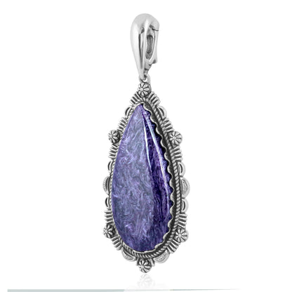 EXCLUSIVELY OURS! Sterling Silver Charoite Teardrop Bordered Design Pendant Enhancer