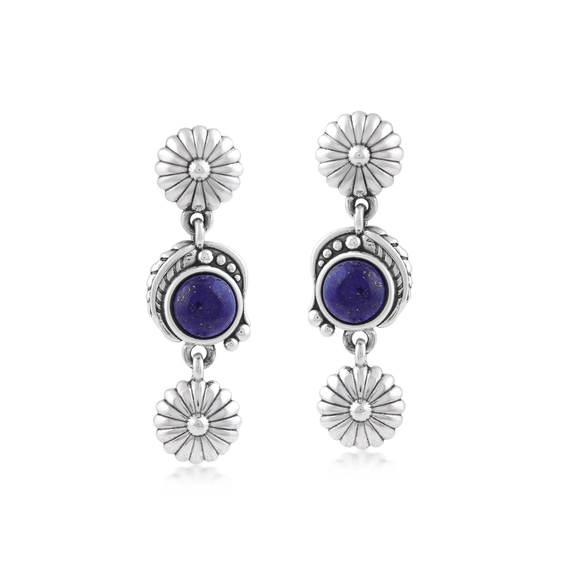 Sterling Silver Lapis Leaf and Flower Dangle Earrings