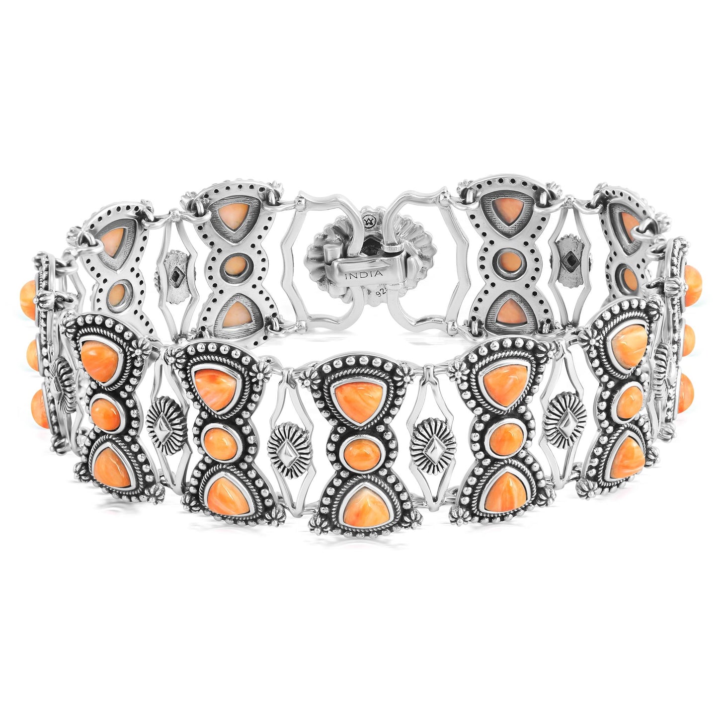 Sterling Silver Orange Spiny Oyster Round and Trillion Cut Link Bracelet, Sizes Small to Large