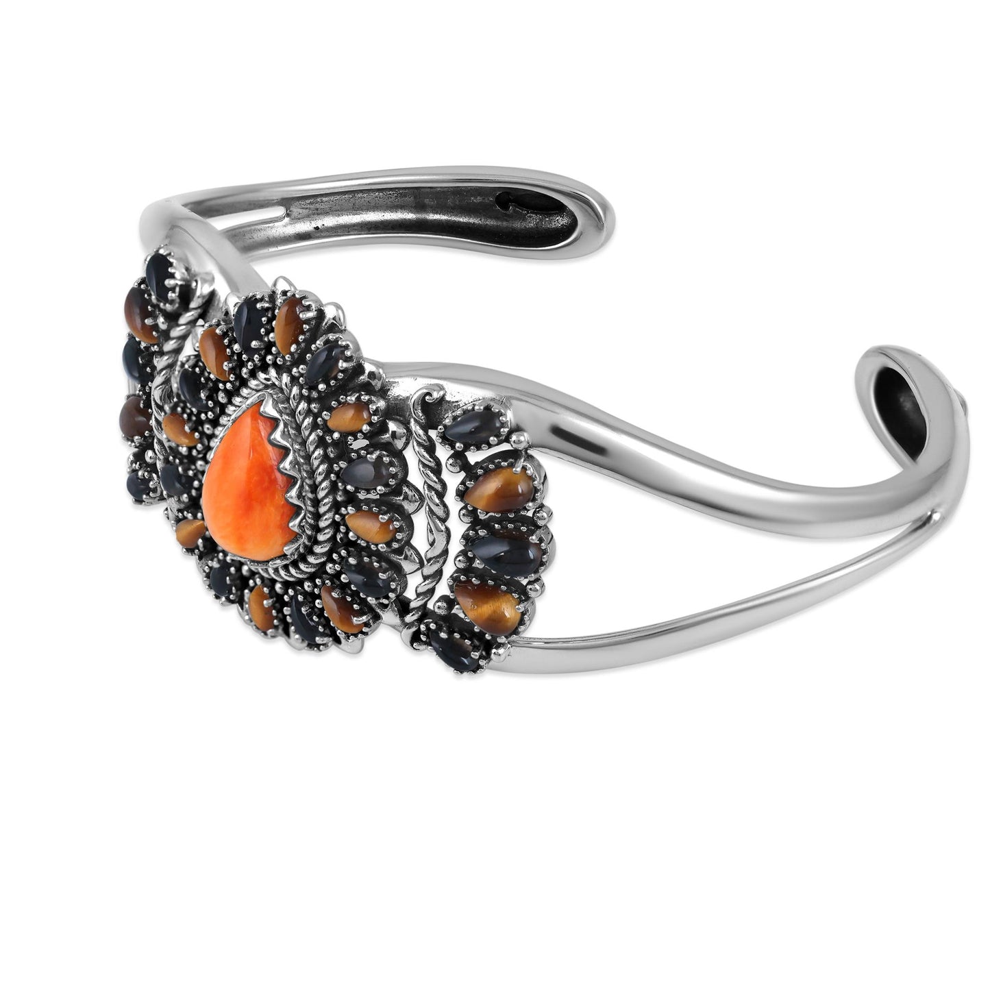 Sterling Silver Orange Spiny Oyster, Tiger's Eye, and Smoky Quartz Cluster Cuff Bracelet