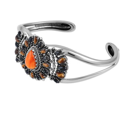 Sterling Silver Orange Spiny Oyster, Tiger's Eye, and Smoky Quartz Cluster Cuff Bracelet