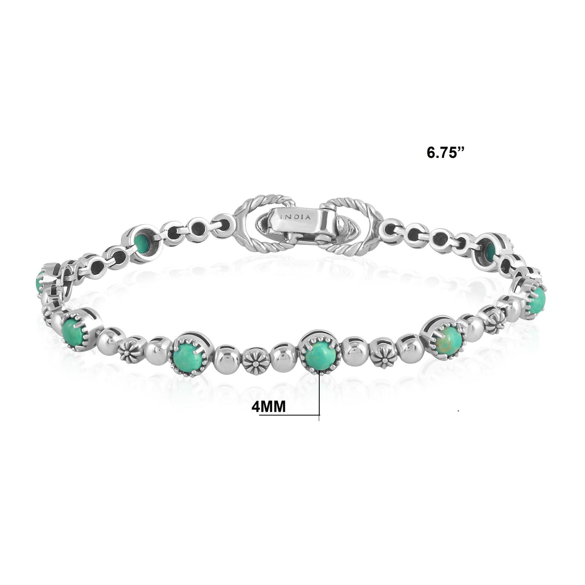 Sterling Silver Green Turquoise Round Beaded Bracelet, Sizes Small to Large