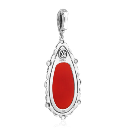 Sterling Silver Red Onyx Gemstone Teardrop Bordered Design Pendant Enhancer