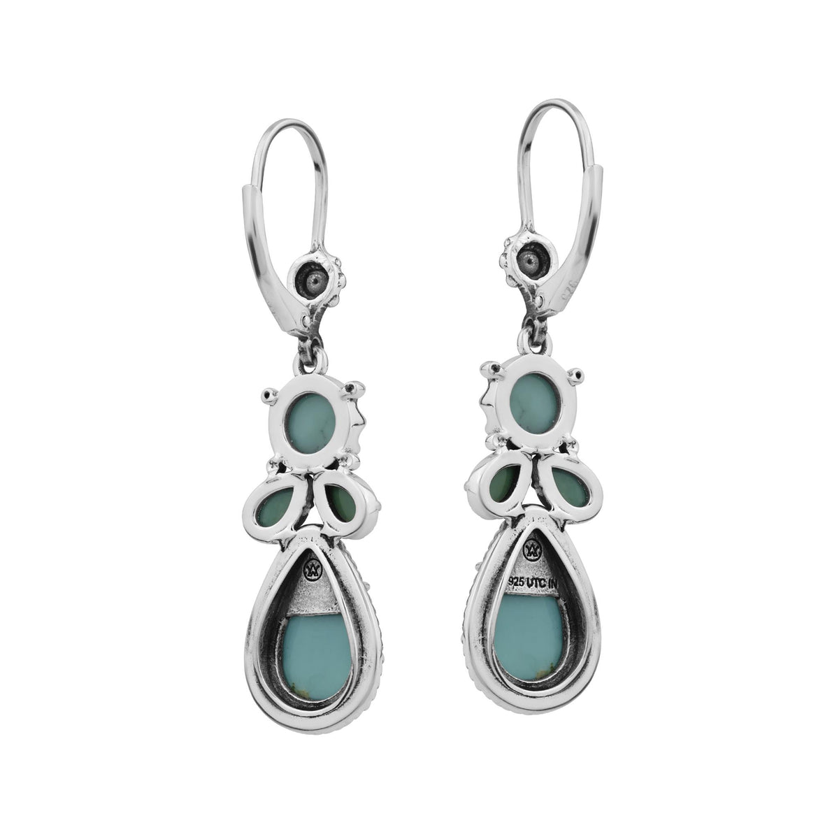 Sterling Silver Kingman and Green Turquoise Cluster Lever Back Earrings 