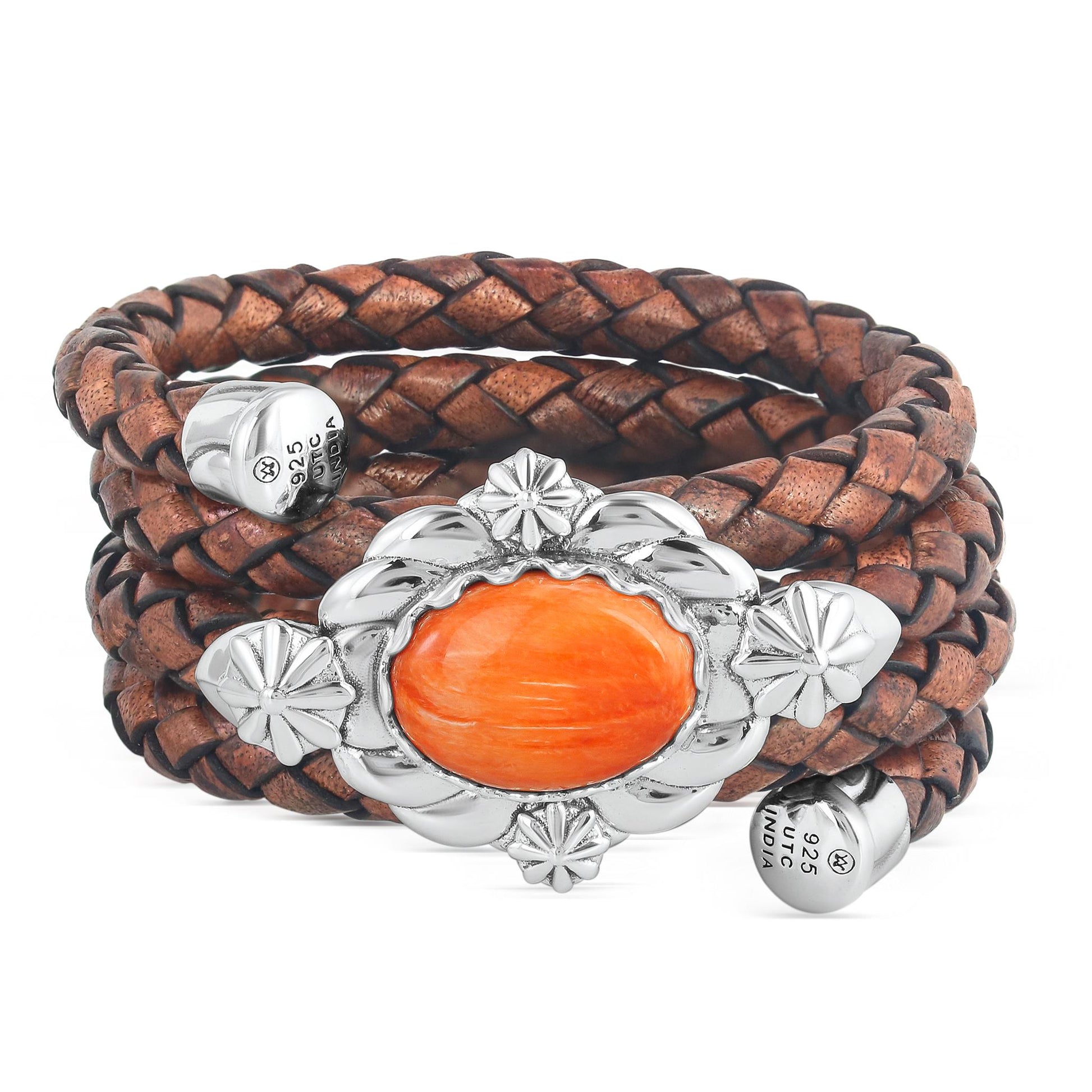 Sterling Silver Orange Spiny Oyster Antique Red-Brown Braided Leather Coil Wrap Bracelet, 24 Inches