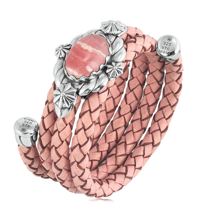 Sterling Silver Rhodochrosite Pink Braided Leather Coil Wrap Bracelet, 24 Inches