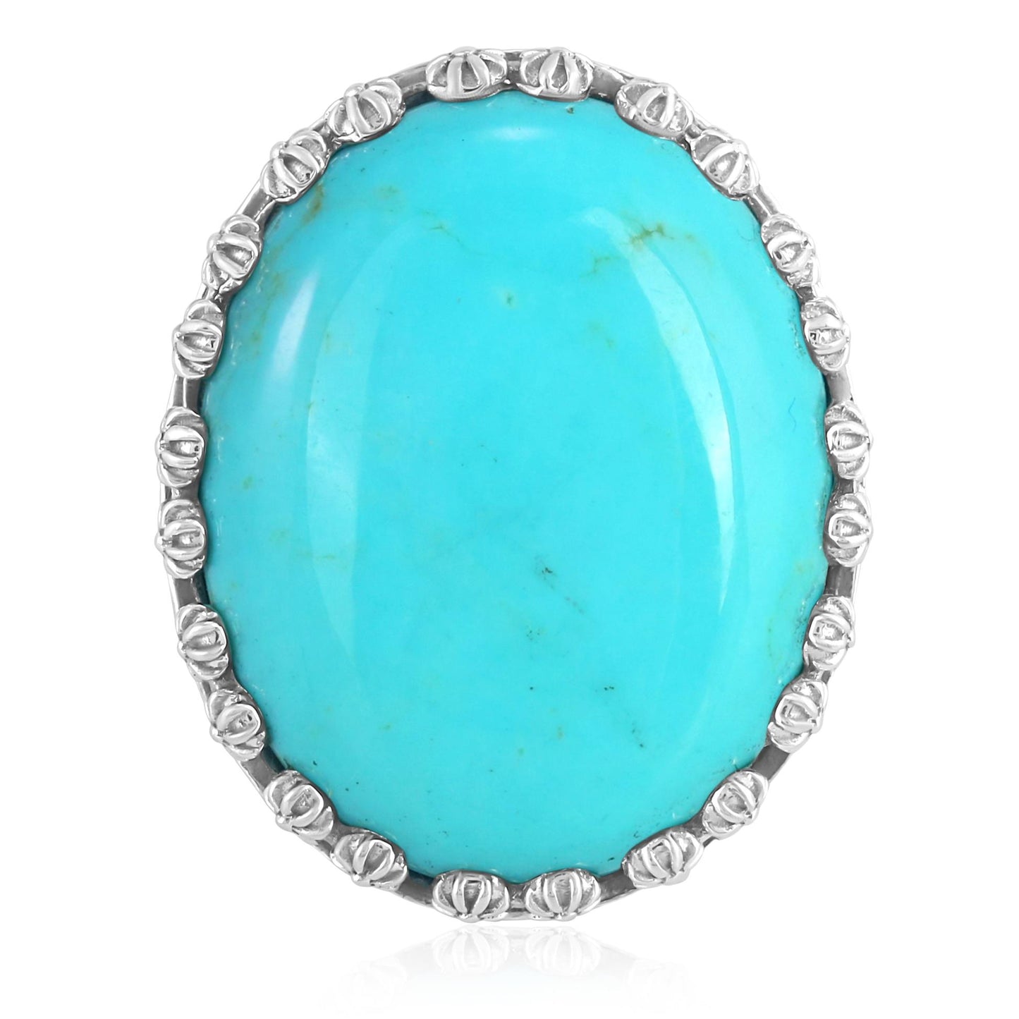 Sterling Silver Kingman Turquoise Concha Flower Border Oval Cut Ring, Sizes 5 to 10