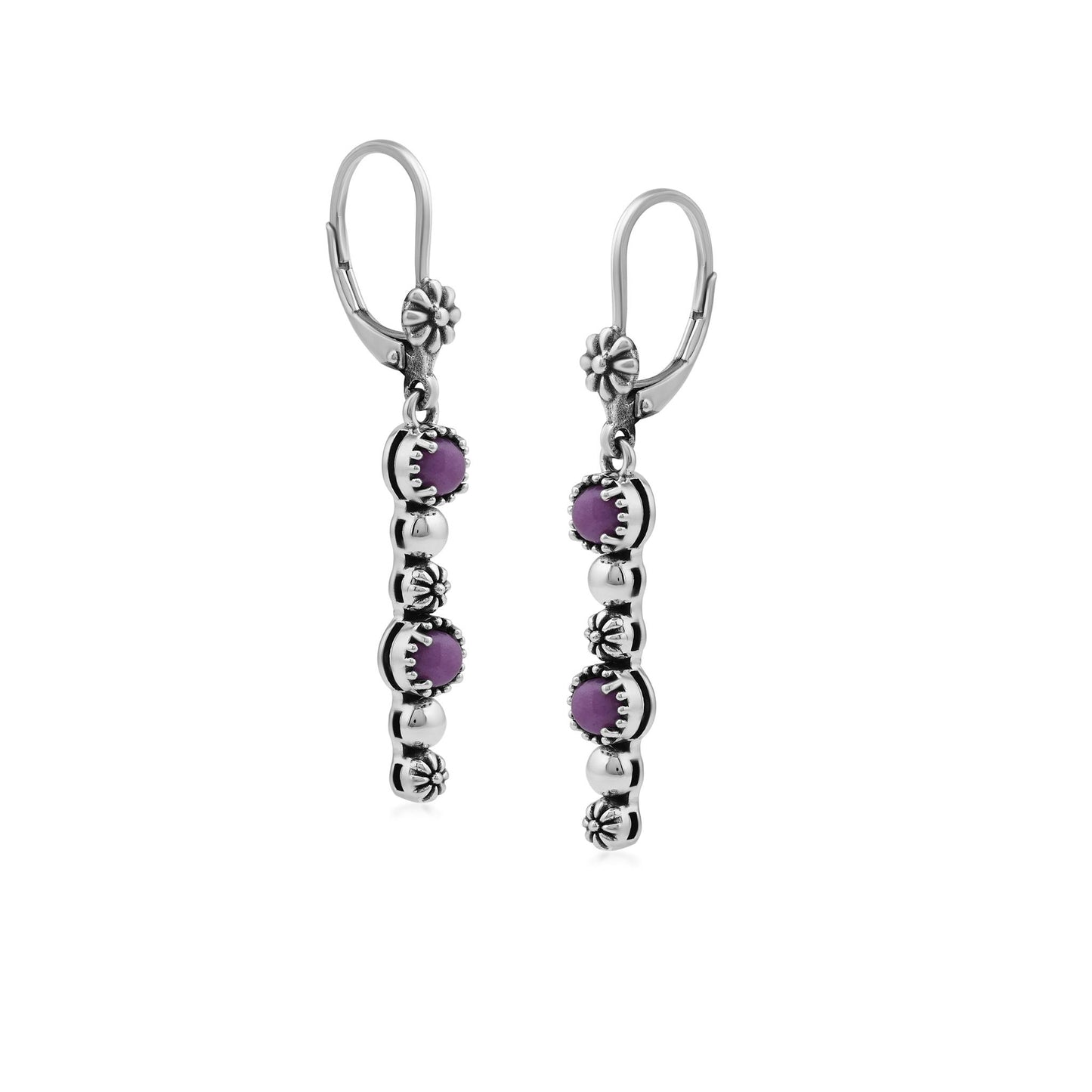 Sterling Silver Phosphosiderite Round Gemstone and Concha Linear Lever Back Earrings