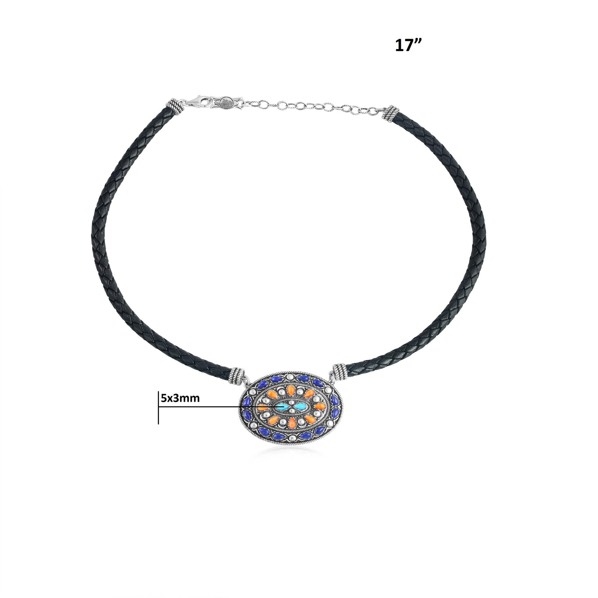 Sterling Silver Multi-Gemstone Oval Pendant Black Leather Necklace