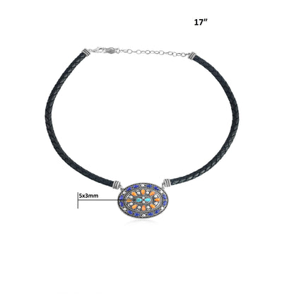 Sterling Silver Multi-Gemstone Oval Pendant Black Leather Necklace