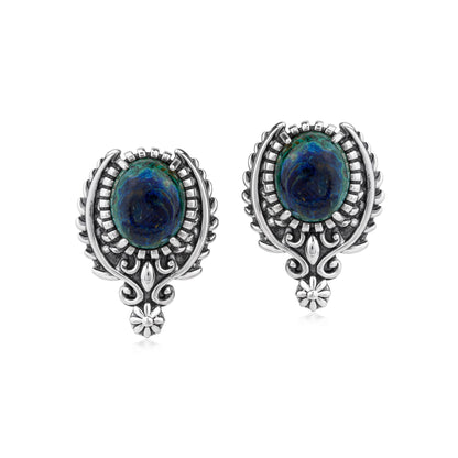 Sterling Silver Azurite Leaf and Vine Oval Post Earrings