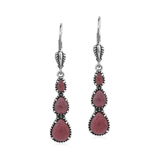  Sterling Silver Rhodonite 3-Pear Drop Lever Back Earrings