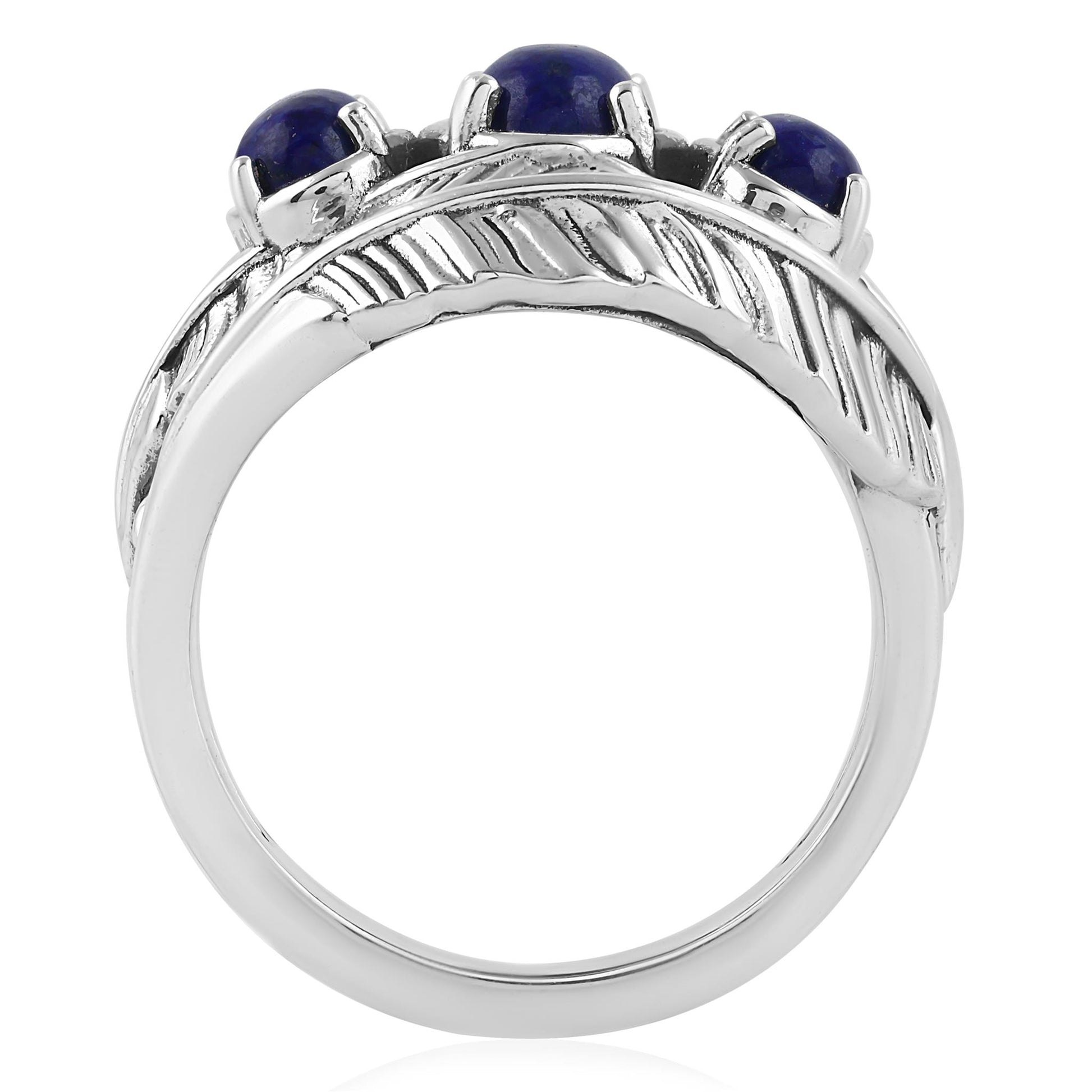 Sterling Silver Lapis Three-Stone Oval Cut Feather Ring