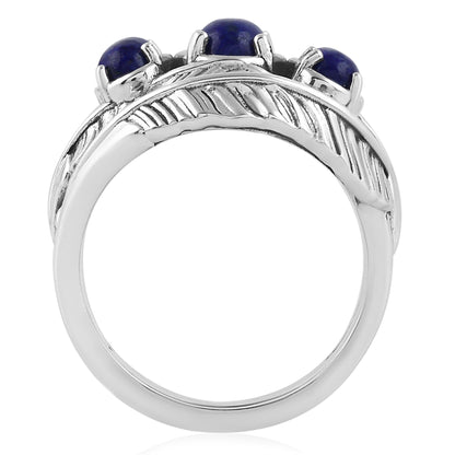 Sterling Silver Lapis Three-Stone Oval Cut Feather Ring