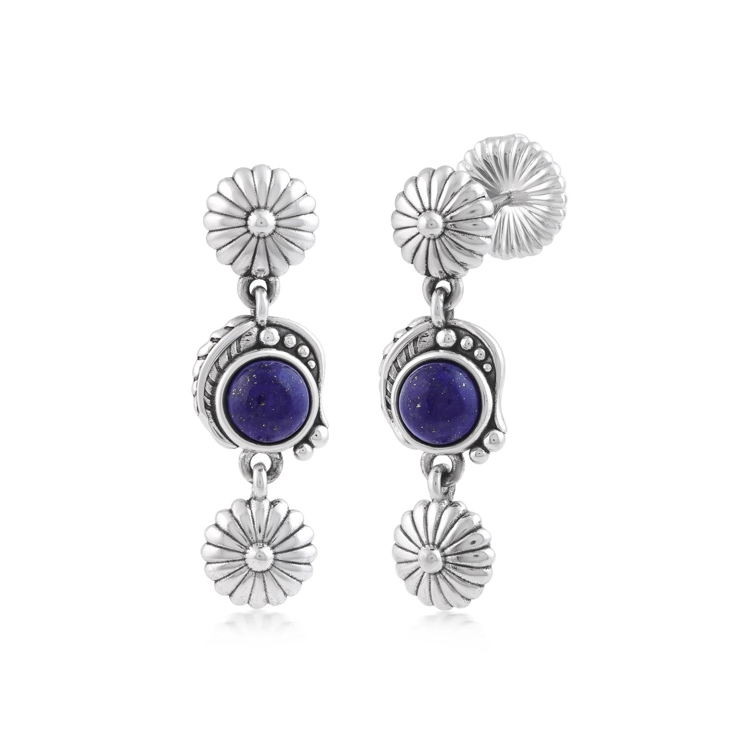 Sterling Silver Lapis Leaf and Flower Dangle Earrings