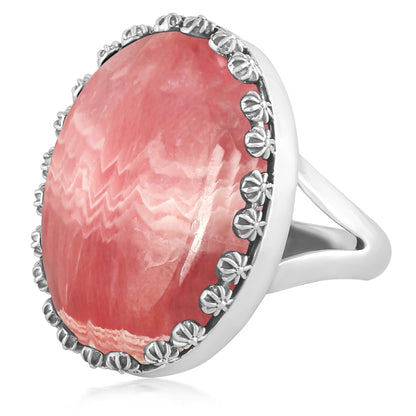 Sterling Silver Rhodochrosite Concha Flower Border Oval Cut Ring, Sizes 5 to 10