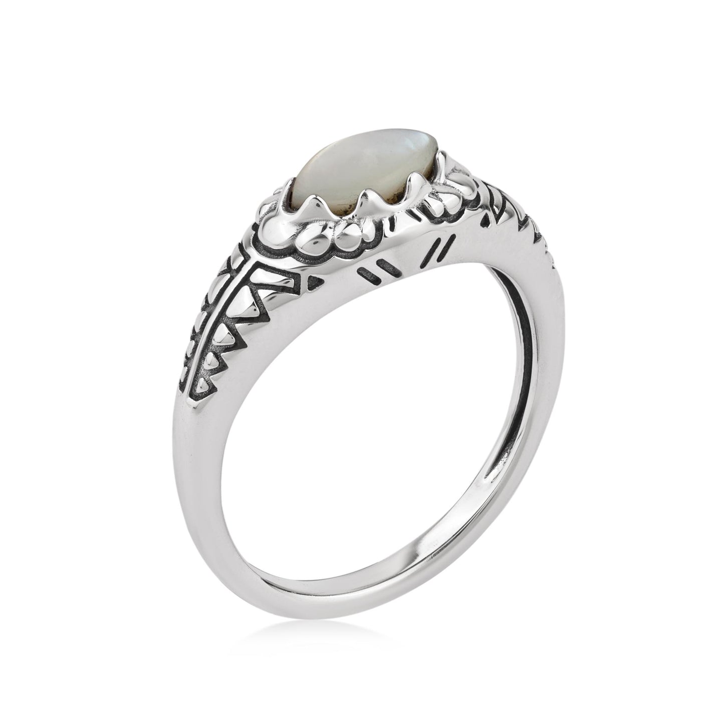  Sterling Silver White Mother of Pearl Marquise-Cut Etched Ring