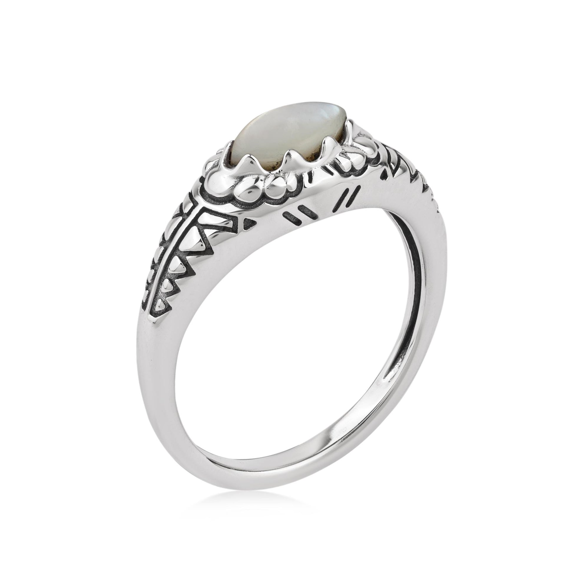  Sterling Silver White Mother of Pearl Marquise-Cut Etched Ring