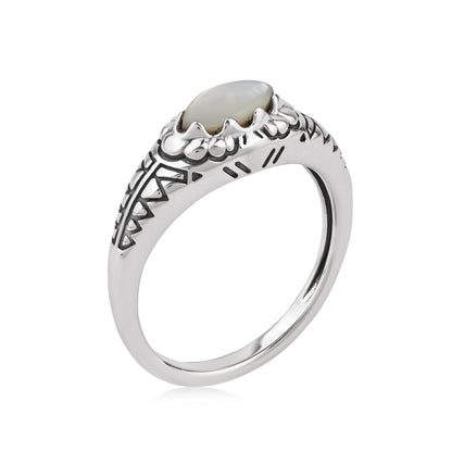  Sterling Silver White Mother of Pearl Marquise-Cut Etched Ring