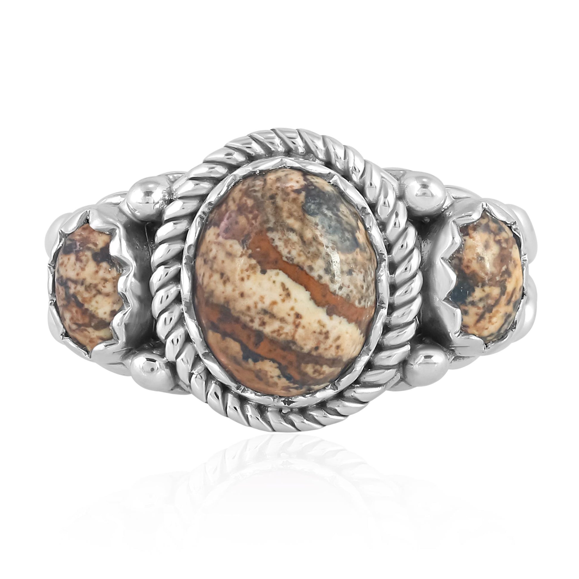 Sterling Silver Picture Jasper 3-Stone Ring, Sizes 5 to 11