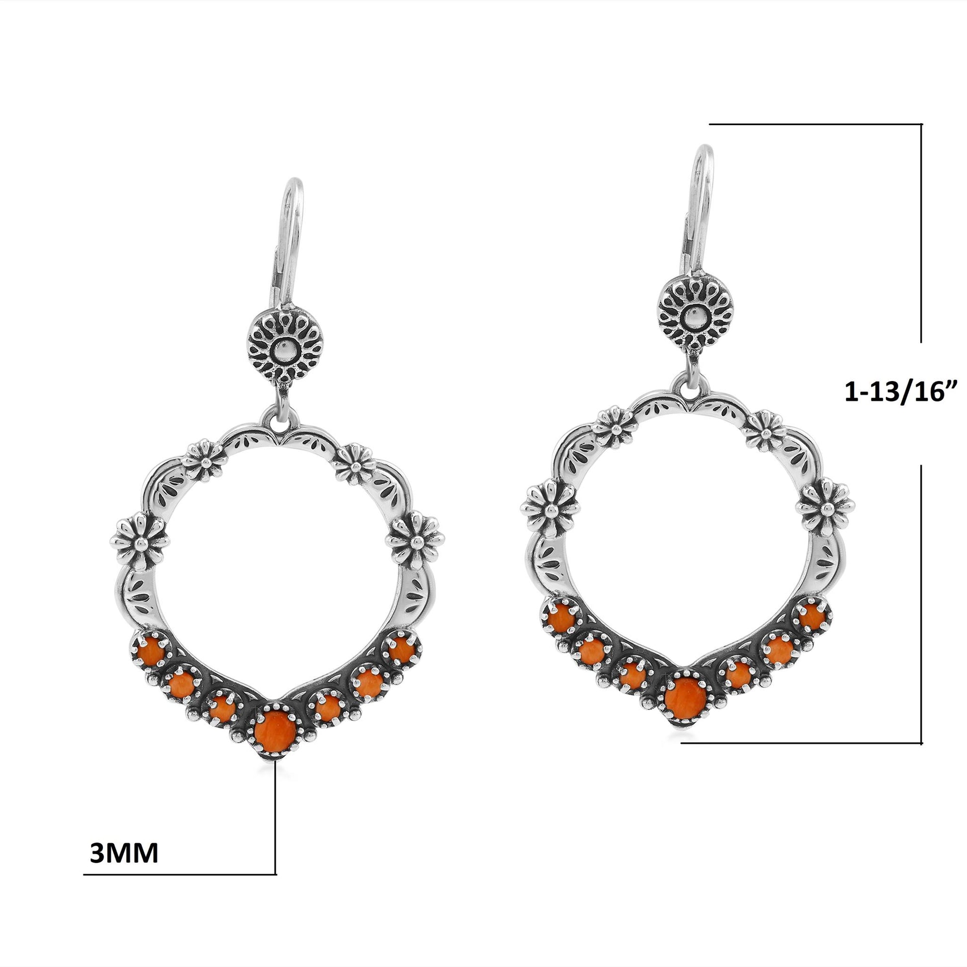 Sterling Silver Orange Spiny Oyster Open Hoop Concha Lever Back Earrings