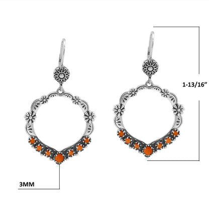 Sterling Silver Orange Spiny Oyster Open Hoop Concha Lever Back Earrings