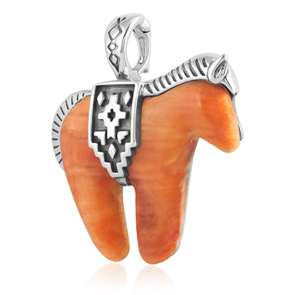 Sterling Silver Orange Spiny Oyster Gemstone Spirit Horse Pendant Enhancer