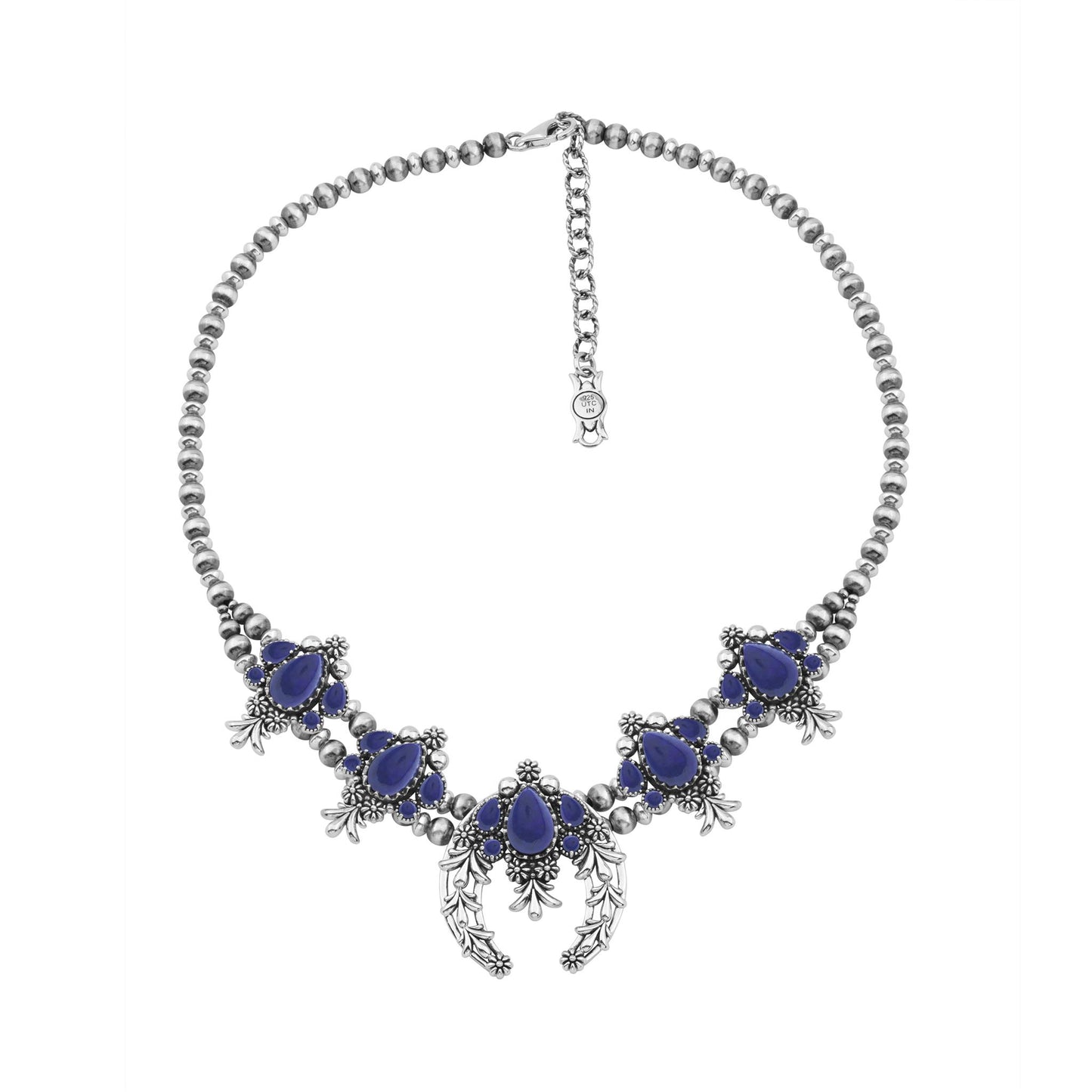 LIMITED EDITION! Sterling Silver Lapis Pear Cut Squash Blossom Naja Necklace, 17 to 20 Inches