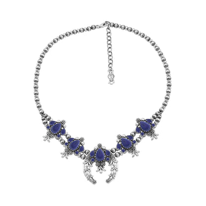 LIMITED EDITION! Sterling Silver Lapis Pear Cut Squash Blossom Naja Necklace, 17 to 20 Inches