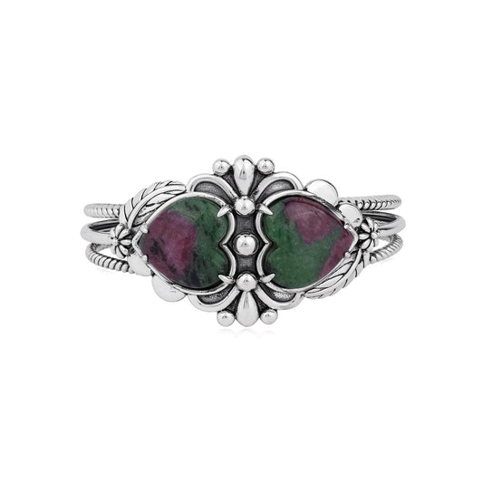 EXCLUSIVELY OURS! Sterling Silver Ruby Zoisite Double Heart Cuff Bracelet, Sizes Small to Large