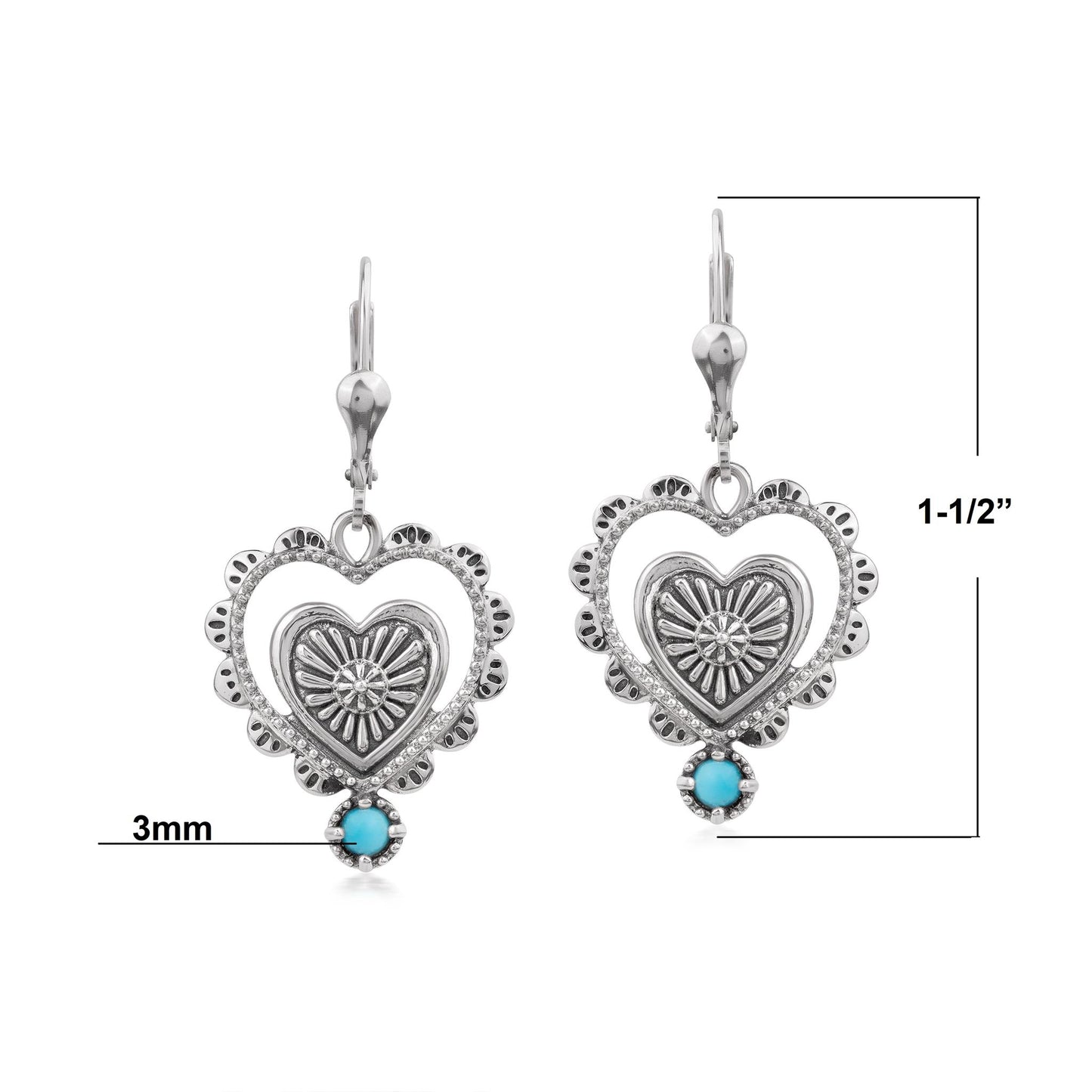 EXCLUSIVELY OURS! Sterling Silver Sleeping Beauty Turquoise Concha Heart Lever Back Earrings