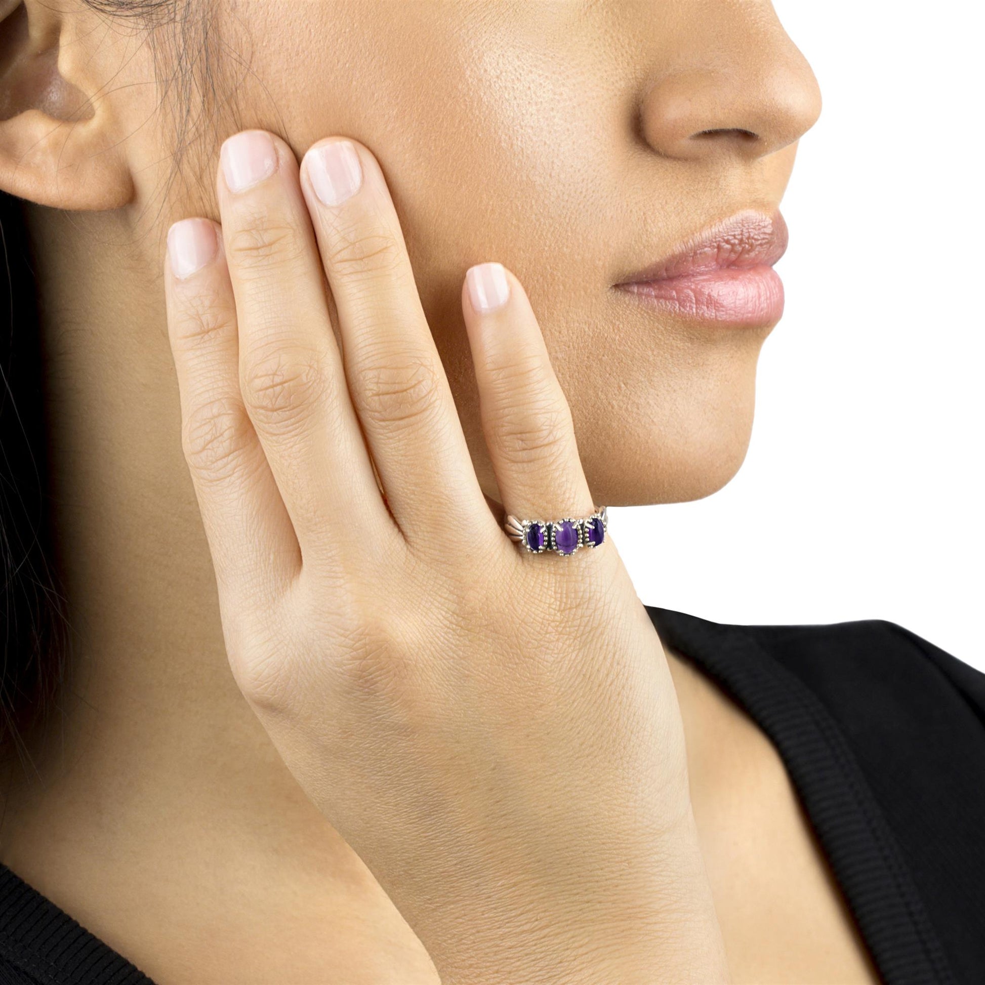 Sterling Silver Amethyst 3-Stone Fan Ring