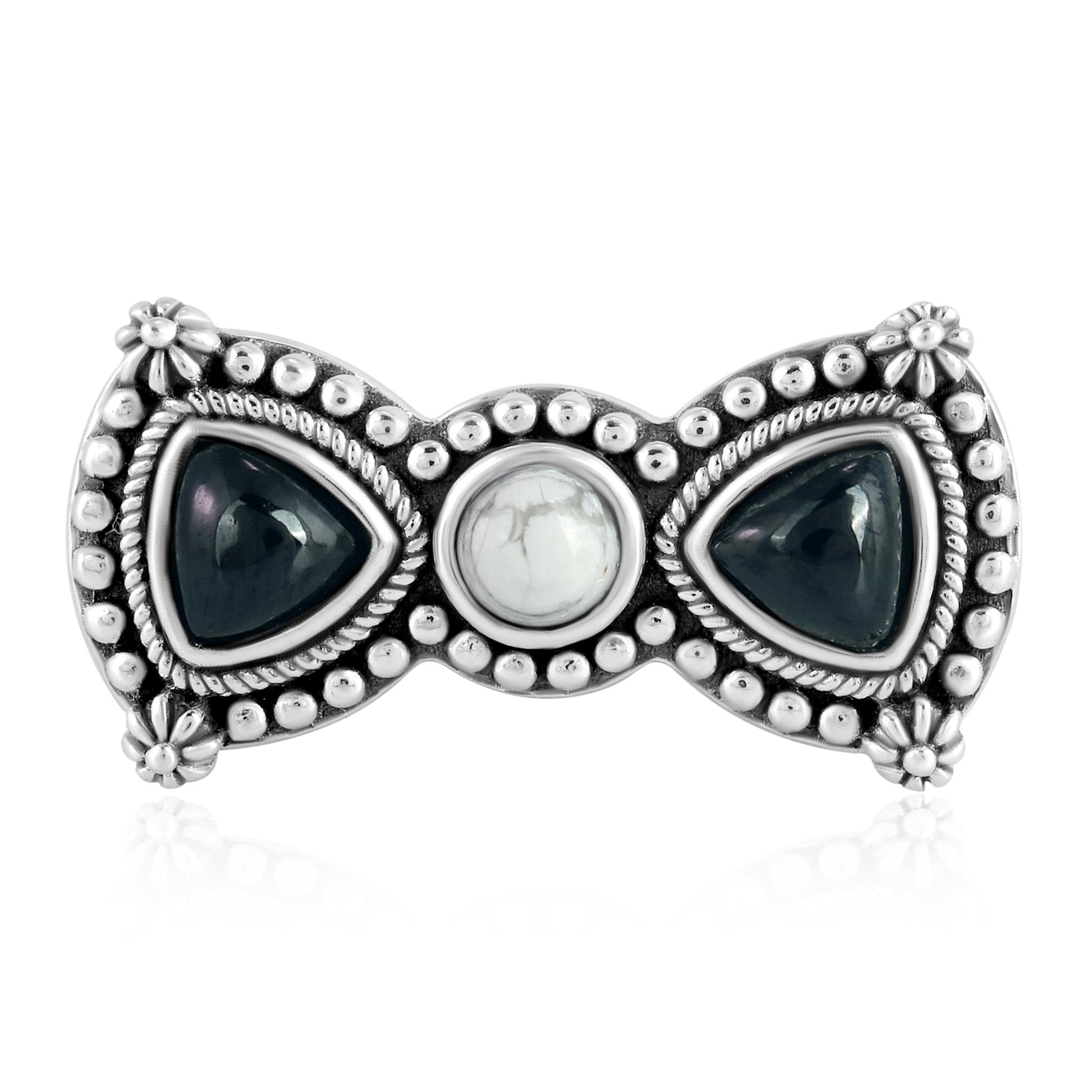 Sterling Silver Black Spinel and White Howlite Bow Tie Ring