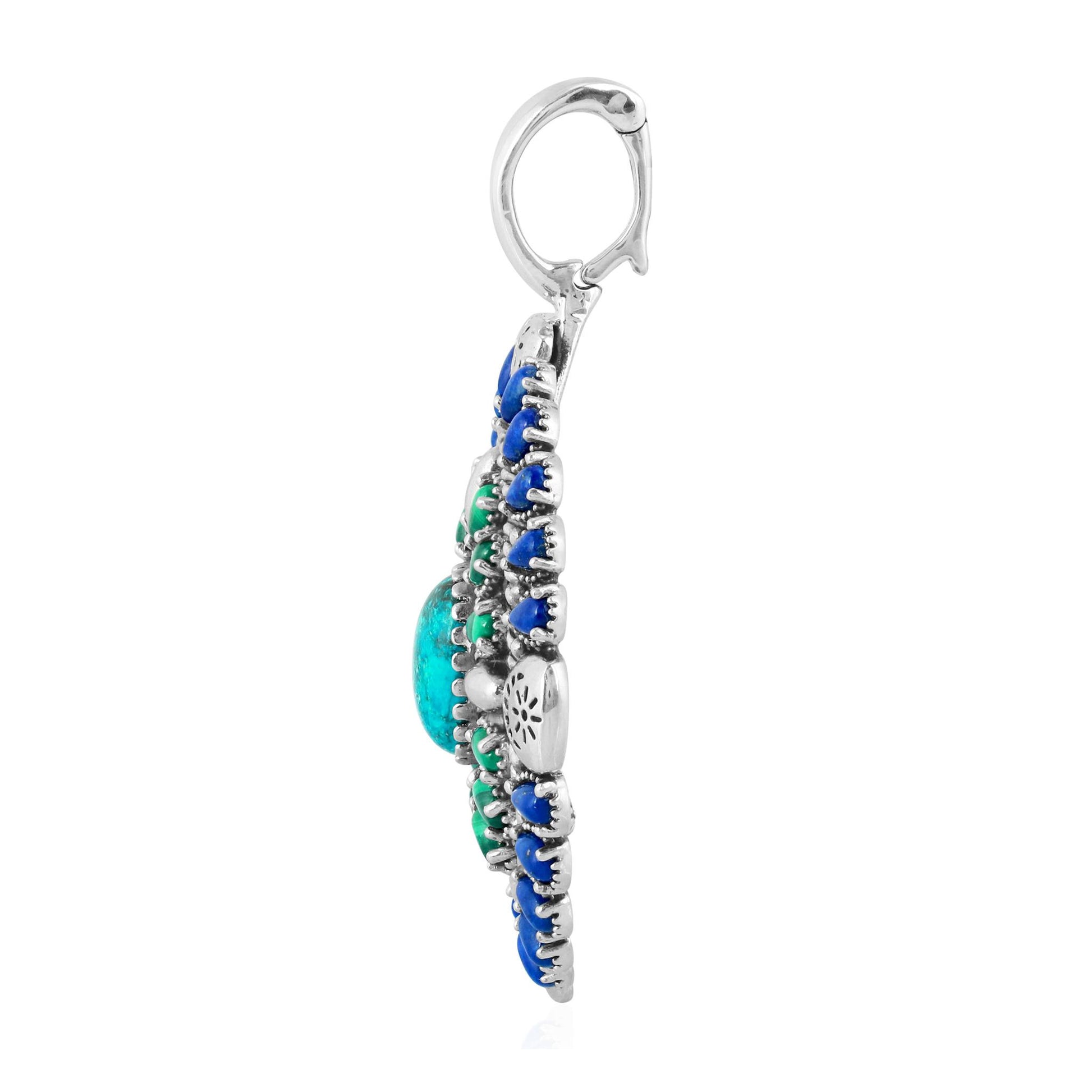 Sterling Silver Chrysocolla Malachite and Lapis Oval Floral Cluster Pendant Enhancer