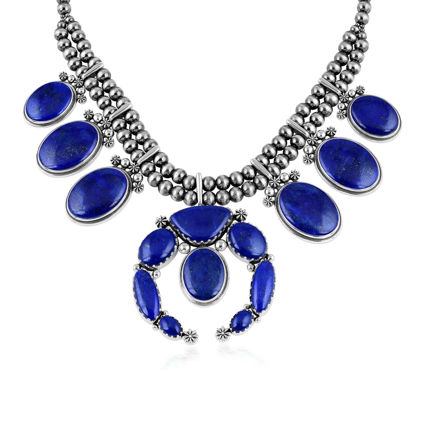 Sterling Silver Lapis Naja Squash Blossom Statement Necklace