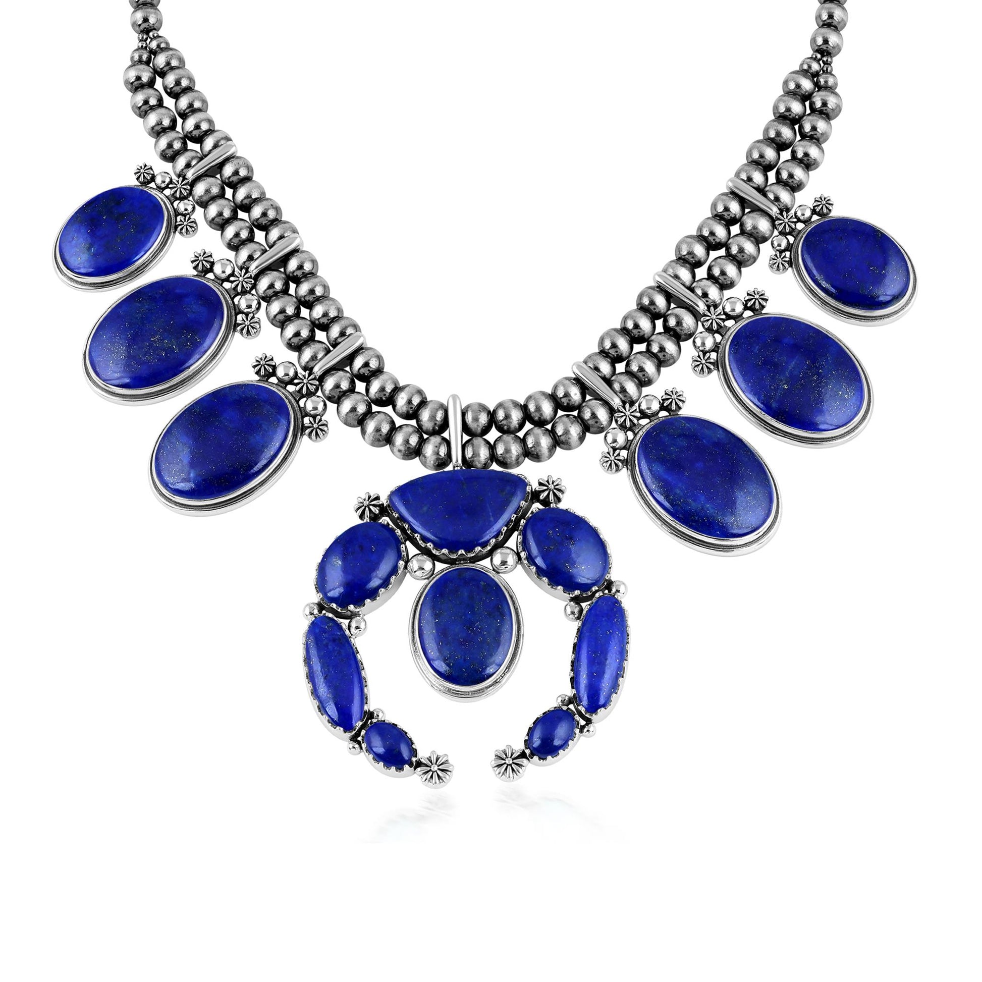 Sterling Silver Lapis Naja Squash Blossom Statement Necklace