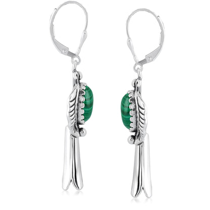 EXCLUSIVELY OURS! Sterling Silver Malachite Leaf and Squash Blossom Design Dangle Earrings