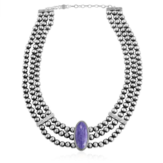 Sterling Silver Charoite Oval Cut Triple-Row Beaded Necklace, 17 to 20 Inches