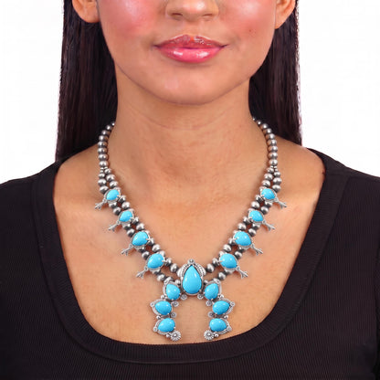 Sterling Silver Kingman Turquoise 8-Station Pear Squash Blossom Necklace, 17 to 20 Inches