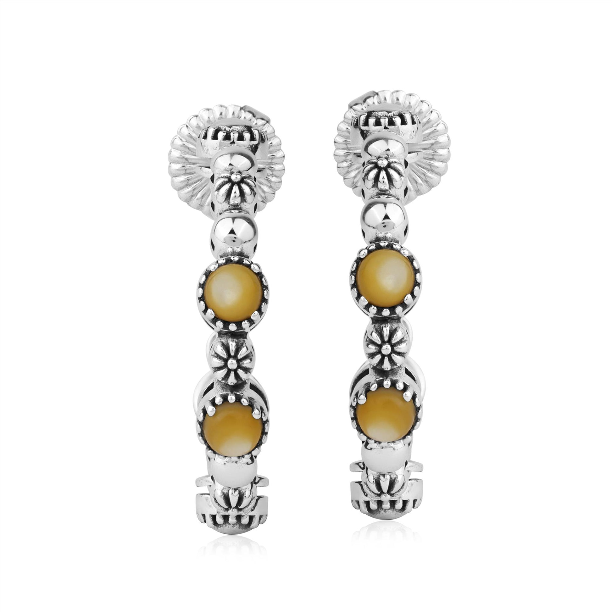 Sterling Silver Yellow Mother of Pearl 1 Inch Concha Hoop Earrings 