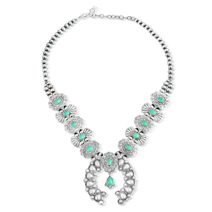 Sterling Silver Green Turquoise Concha Butterfly Squash Blossom Necklace