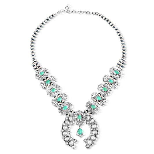 Sterling Silver Green Turquoise Concha Butterfly Squash Blossom Necklace