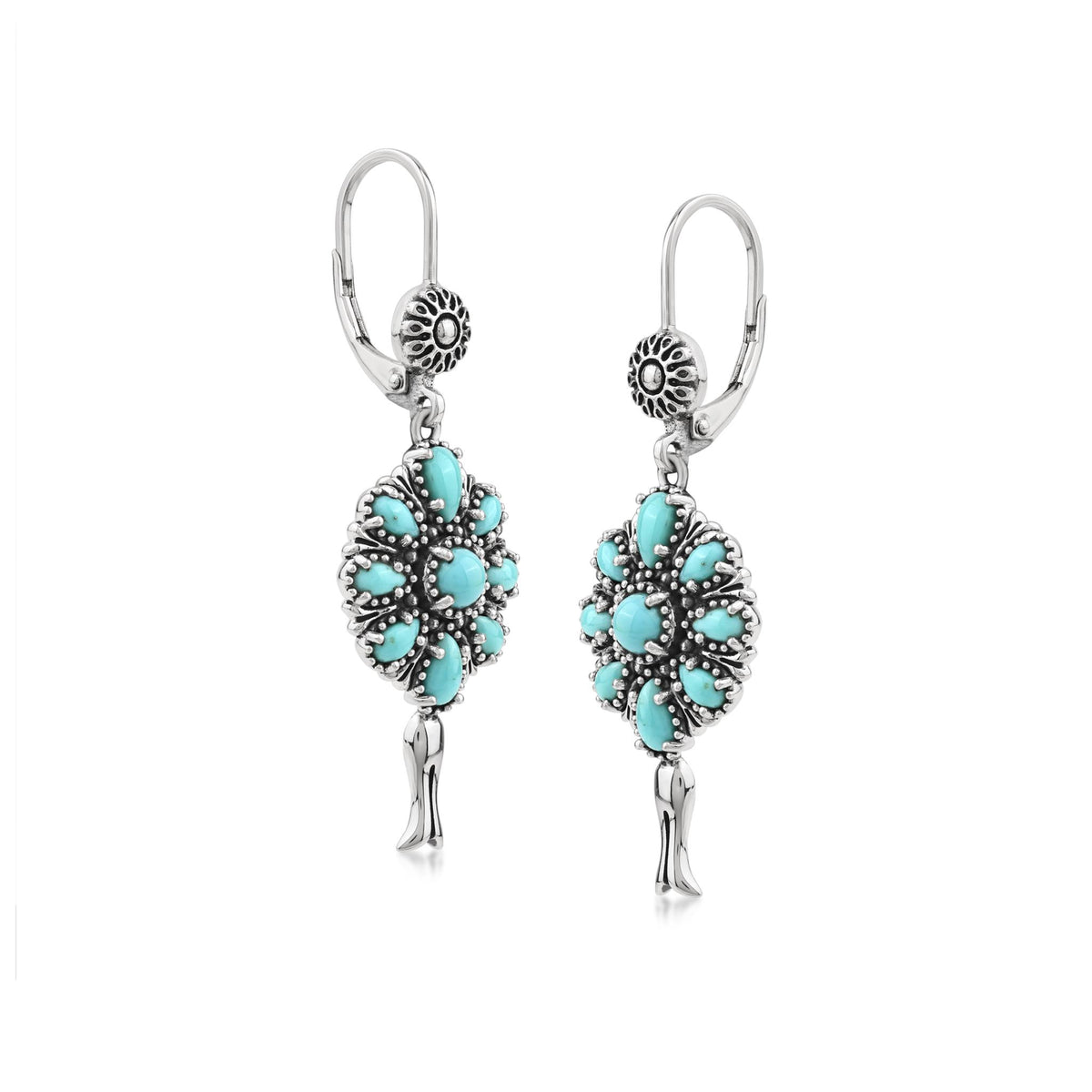 Sterling Silver Kingman Turquoise Petit Point Flower Cluster Squash Blossom Earrings